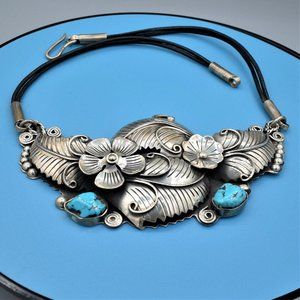 Handcrafted Sterling Silver, Turquoise  Floral Motif & Leather Necklace